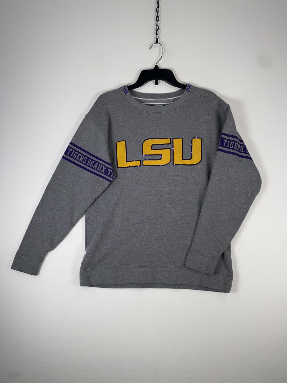 LSU Tigers Sweatshirt Womens Medium Gray Purple NCAA Football PINK Crewneck